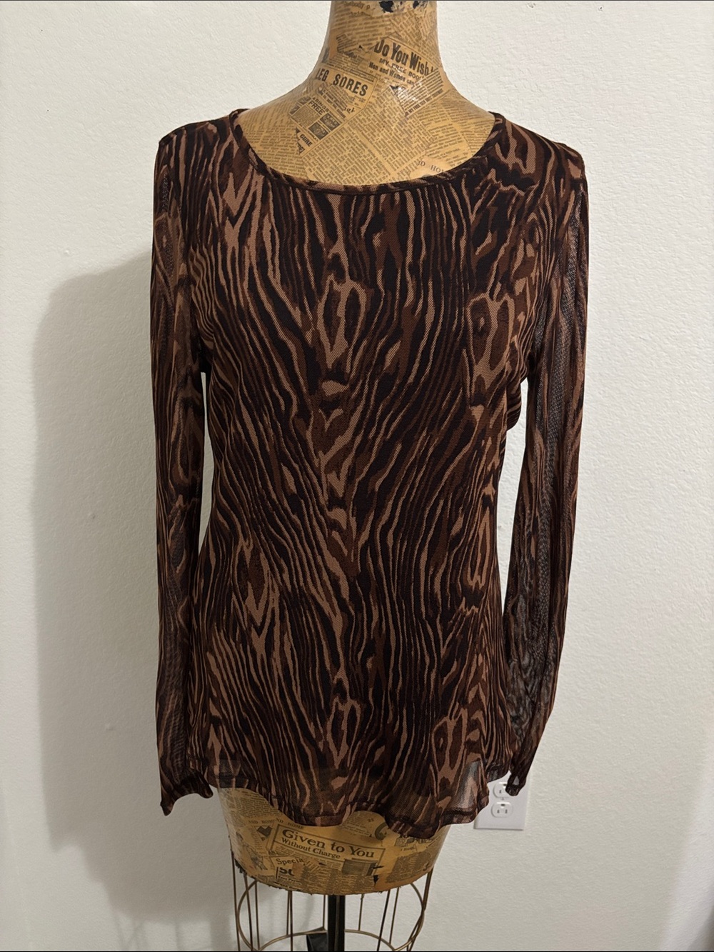 Vivienne Tam sheer animal print blouse xl vintage Y2K lined boho brown casual